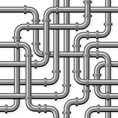 Pipeline realistic vector seamless pattern in flat style. Intertwining steel pipes on a white background