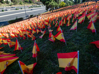 MADRID, SPAIN, SEPTEMBER, 27, 2020: 53000 SPANISH FLAGS PLACED IN A PARK IN MADRID IN MEMORY OF THE VICTIMS OF THE CORONAVIRUS