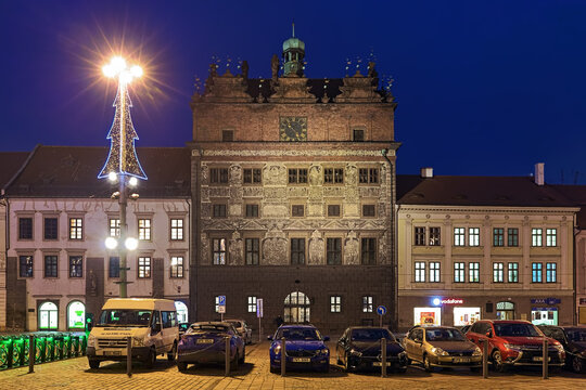 Plzen, Czech Republic. Plzen Town Hall in dusk. The present Renaissance appearance of the building was created by the Italian master-builder Giovanni de Statia in the middle of the 15th century.