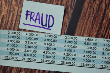 Fraud and Chart write on sticky notes isolated on office desk.
