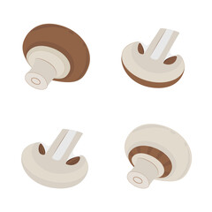 Champignons. Set of whole and sliced white and brown mushrooms. Vector graphics.