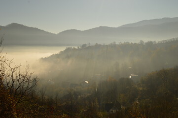 The dramatic and misty mountain landscape in Transylvania, Romania