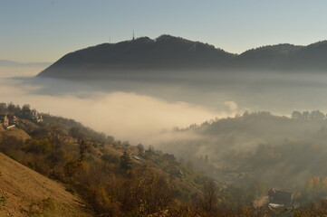 The dramatic and misty mountain landscape in Transylvania, Romania