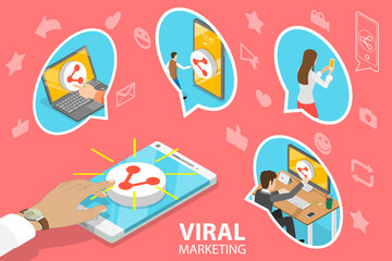 Viral Marketing and Social Media Sharing. 3D Isometric Flat Vector Conceptual Illustration.