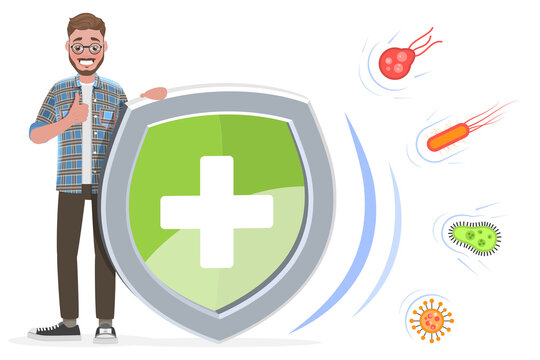 Boost The Immune System, Protection Against Virus Germs And Bacteria. Flat Vector Conceptual Illustration.