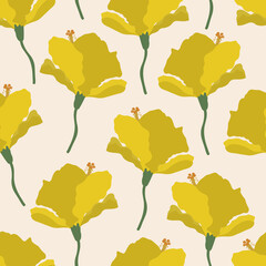 Vector seamless pattern with hibiscus in a cream background.