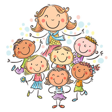 Happy schoolkids with their teacher, school or kindergarten illustration
