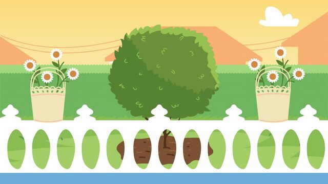 gardening animation with tree and flowers in fence