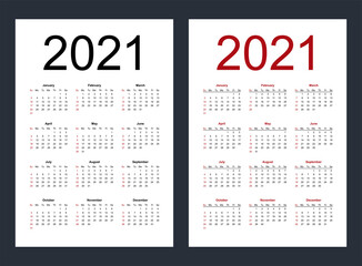 Simple editable vector calendar for year 2021. Week starts from Sunday. Vertical. Isolated vector illustration on white background.