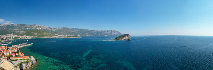 Fototapeta na wymiar Budva. Montenegro. View from above to the island of St. Nicholas.