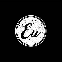 E U Initial Handwriting In Black and White Circle Frame Design