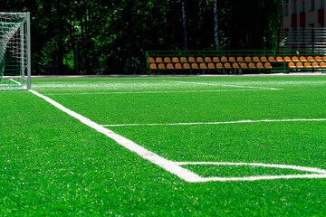 soccer field markings. football field. corner green grass field for soccer . Artificial turf soccer...