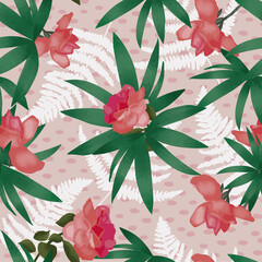 Vector seamless pattern with flowers in a pink background.