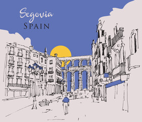 Drawing sketch illustration of Segovia, Spain - obrazy, fototapety, plakaty