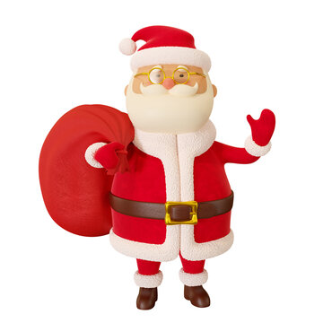 Santa Claus carrying big bag full of gifts, isolated on white background. 3d render