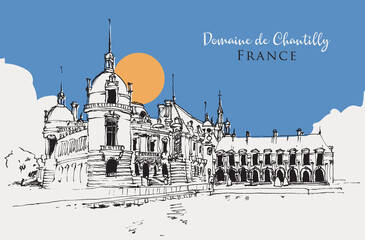 Drawing sketch illustration of the Domaine de Chantilly in France - obrazy, fototapety, plakaty