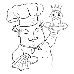 Chef with a dish. A frog on a tray. Coloring page or book for children and adults.