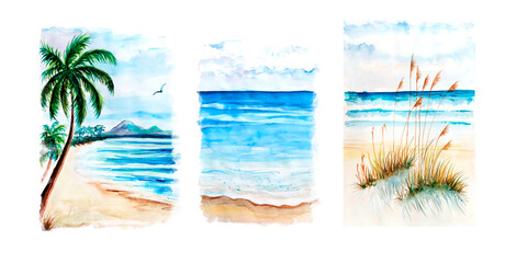 Aquarelle painting of seaside. Hand drawing, illustration art.