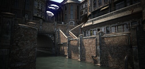 Steampunk cityscape. Empty street with old brick houses. Canal with dirty green water. Grunge urban wallpaper. Photorealistic 3D illustration. © Valeriy