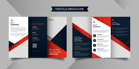 Corporate business trifold brochure template. Modern, Creative and Professional tri fold brochure vector design. Simple and minimalist promotion layout with red color.