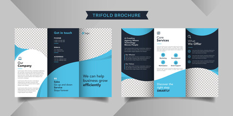 Corporate business trifold brochure template. Modern, Creative and Professional tri fold brochure vector design. Simple and minimalist promotion layout with blue color.