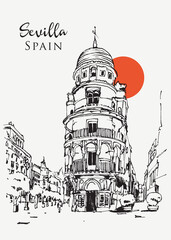 Fototapeta premium Drawing sketch illustration of Edifico la Adriatica in Sevilla, Spain