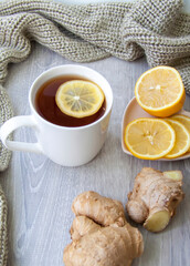 Ginger tea with lemon. Season of colds and infections. Strengthening of immunity.