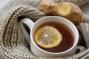 Ginger tea with lemon. Season of colds and infections. Strengthening of immunity.