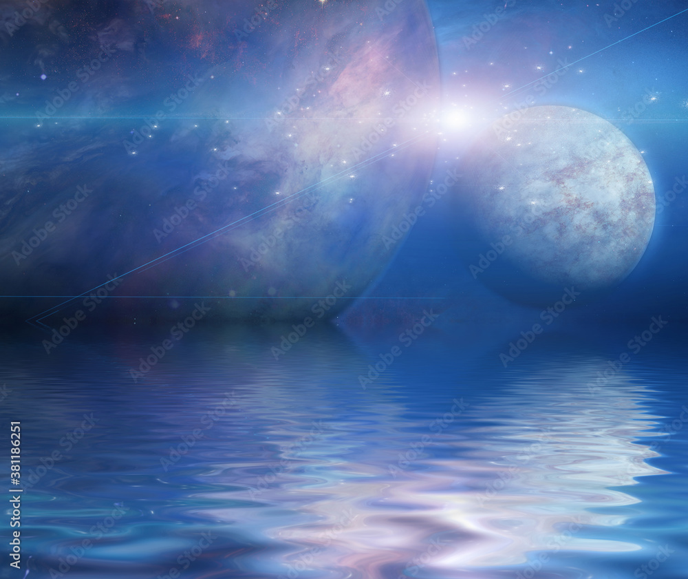 Poster waters reflection and planets. 3d rendering