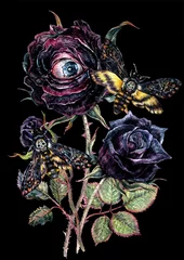 Acrylic prints Aquarel Skull Halloween Watercolor Bouquet with Black Roses and Death's-Head Hawkmoth