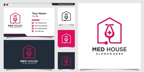 Medical house logo with line art style and business card design template Premium Vector