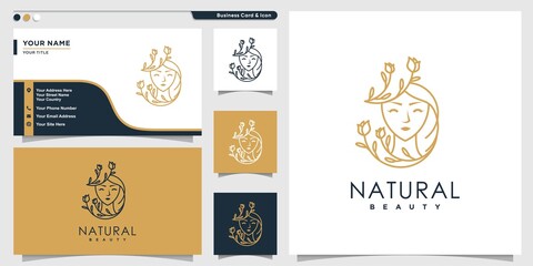 Woman logo with natural flower beauty line art style and business card design template Premium Vector