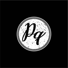 P Q Initial Handwriting In Black and White Circle Frame Design
