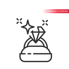 Diamond ring in a box thin line vector icon. Shiny engagement ring and a box outline symbol, editable stroke.