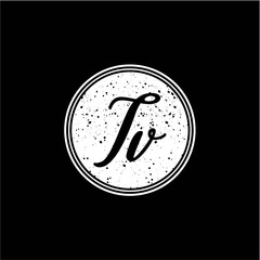 T V Initial Handwriting In Black and White Circle Frame Design