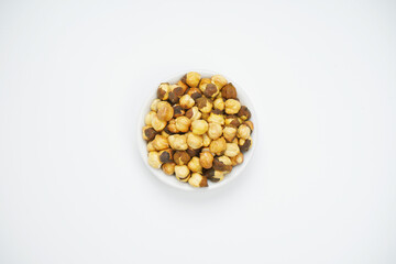 Top view of roasted chickpeas isolated on white background, chana                        