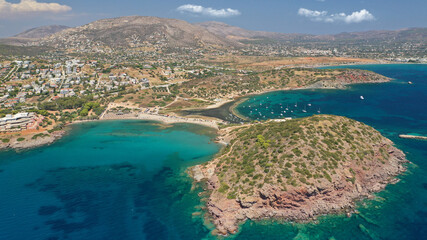 Aerial drone photo of famous islet, beach and bay of Agios Nikolaos in Anavysos area with crystal...