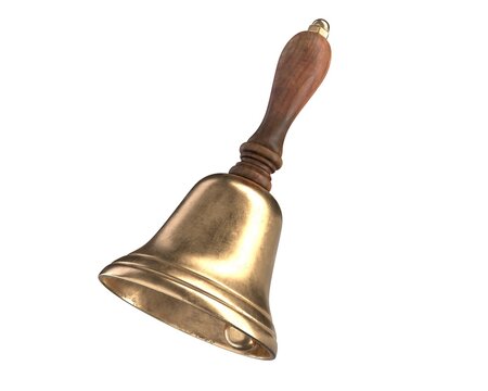 A small bell in the girl's hand on a neutral background, close-up, Concept:  the first bell, a ringing bell. Stock Photo