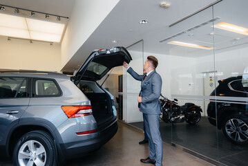 Plakat A young businessman with a salesman examines the trunk of a new car in a car dealership. Buying a car