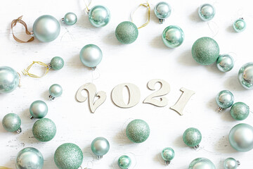New year's holiday composition with wooden numbers 2021 and festive decor