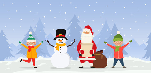Christmas vector illustration with santa claus, snowman and children outdoors in winter. Christmas cartoon characters for holiday Xmas and New Year.