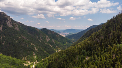 Landscape from the mountains with view to the town. Rhodope mountains. Bulgaria