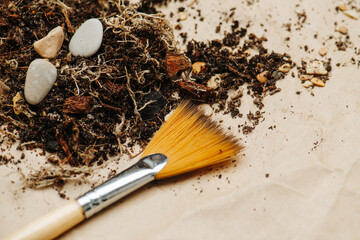 Yellow brush, soil, roots and pebbles close up on a floor. Home gadening theme composition.