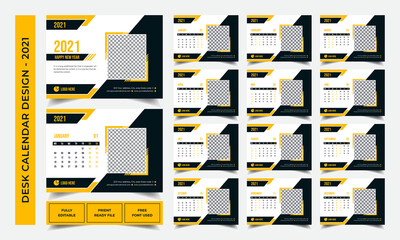 Calendar design 2021, Desk Calendar Design for 2021, 2022, Set of 12 months Calendar, Planner template design for 2021, 2022. Creative, Yellow and black scheme and Print ready, 12 page Calendar design