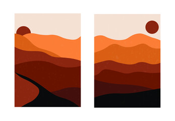 Naklejka na ściany i meble Set of abstract landscape posters. Modern background, contemporary boho desert and sun illustration, minimalist wall decor. Vector art print copy