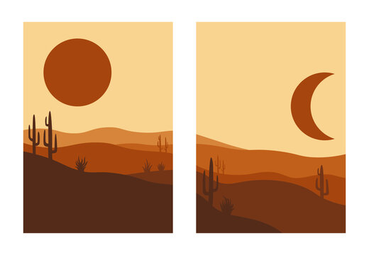 Abstract landscape background. Geometric template with boho sun and moon in desert in oriental style. Minimalistic poster design, vector illustration
