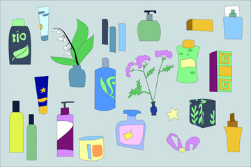 Fototapeta na wymiar a set of women's cosmetics. Perfume shampoo and hygiene products hairspray comb flower star bow Flat vector color illustration 
