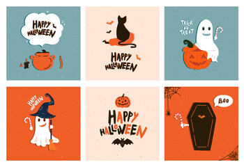 Vector set of Halloween party invitations or greeting cards with handwritten calligraphy and traditional symbols. Pumpkin, ghost, cat, coffin, bat. 