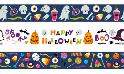 Set of seamless Halloween borders. Tape template. Vector illustration isolated on white. Ghost, trick or treat sweets, skull. Flat cartoon design. Border pattern for banners, washi tape, scrapbooking