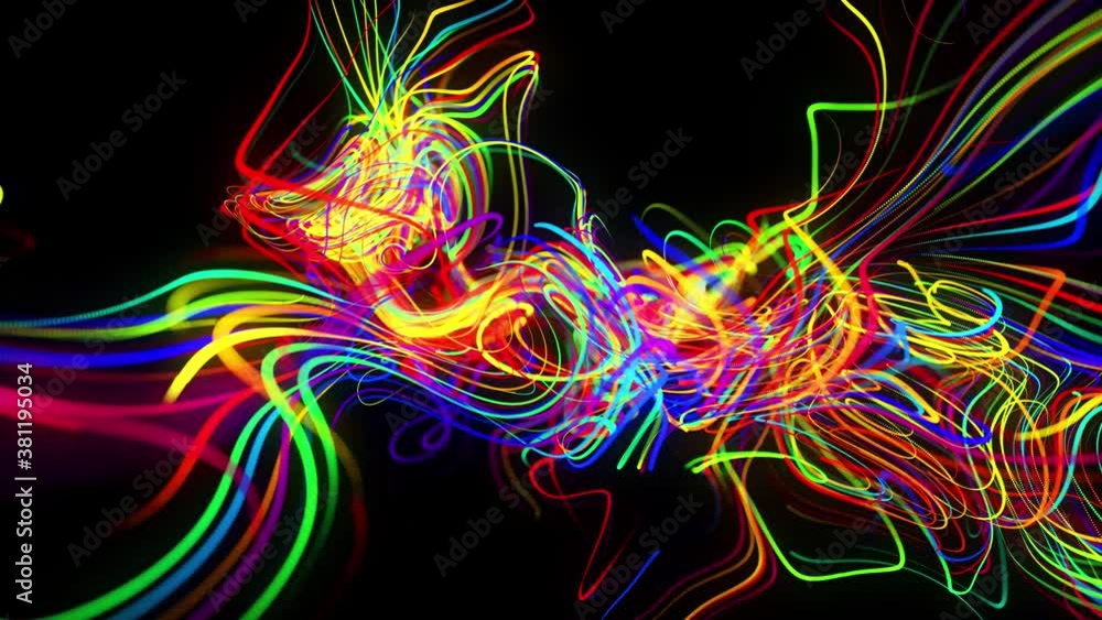 Poster Abstract background flow of glow lines. Running lights particles form in 3d space glowing beautiful curved lines like ball of wires burning with neon light. Beautiful looped creative background in 4k.